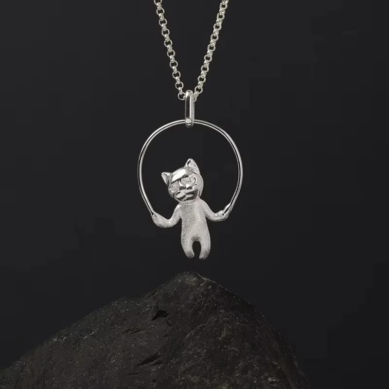 Personality 925 Sterling Silver Jewelry Cute Animal Cat Jumping Rope Clavicle Chain Necklace for Women