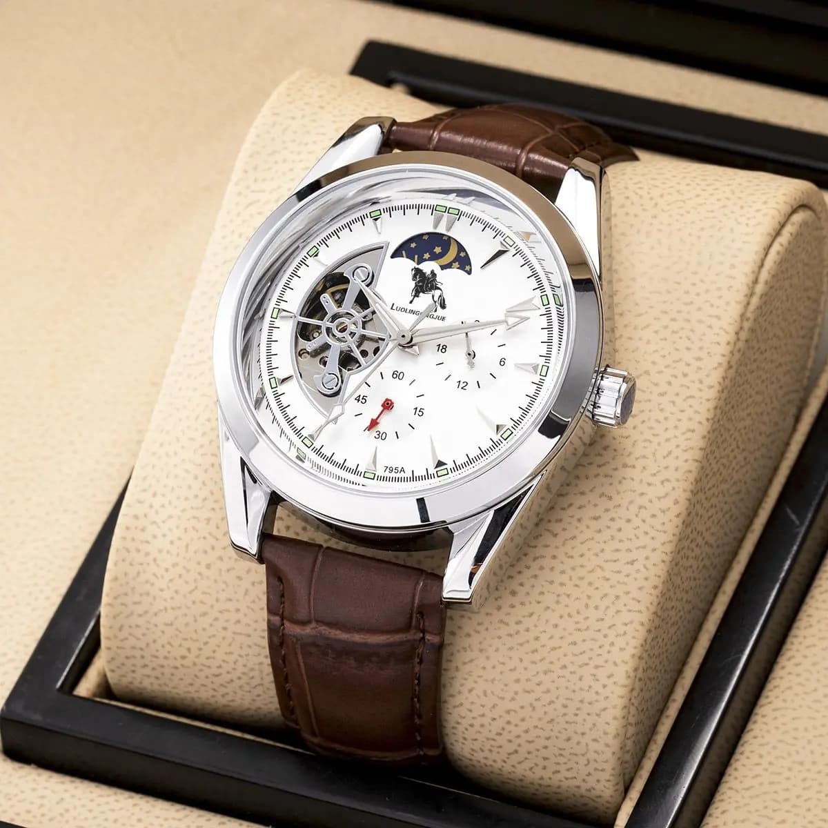 Orologio da uomo di lusso autentico di alta gamma Duke of Lorraine, orologio meccanico automatico versatile, alla moda, business casual, per uomo, design scheletrato, cinturino in pelle, orologio di marca preferito per regali, non richiede batteria
