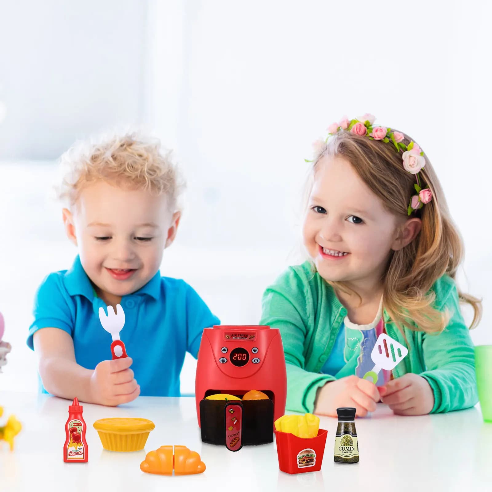 Set da Cucina Giocattolo con Friggitrice ad Aria a Colori Cangianti, Gioco di Ruolo con Cibo Assortito per Regalo di Compleanno Interattivo