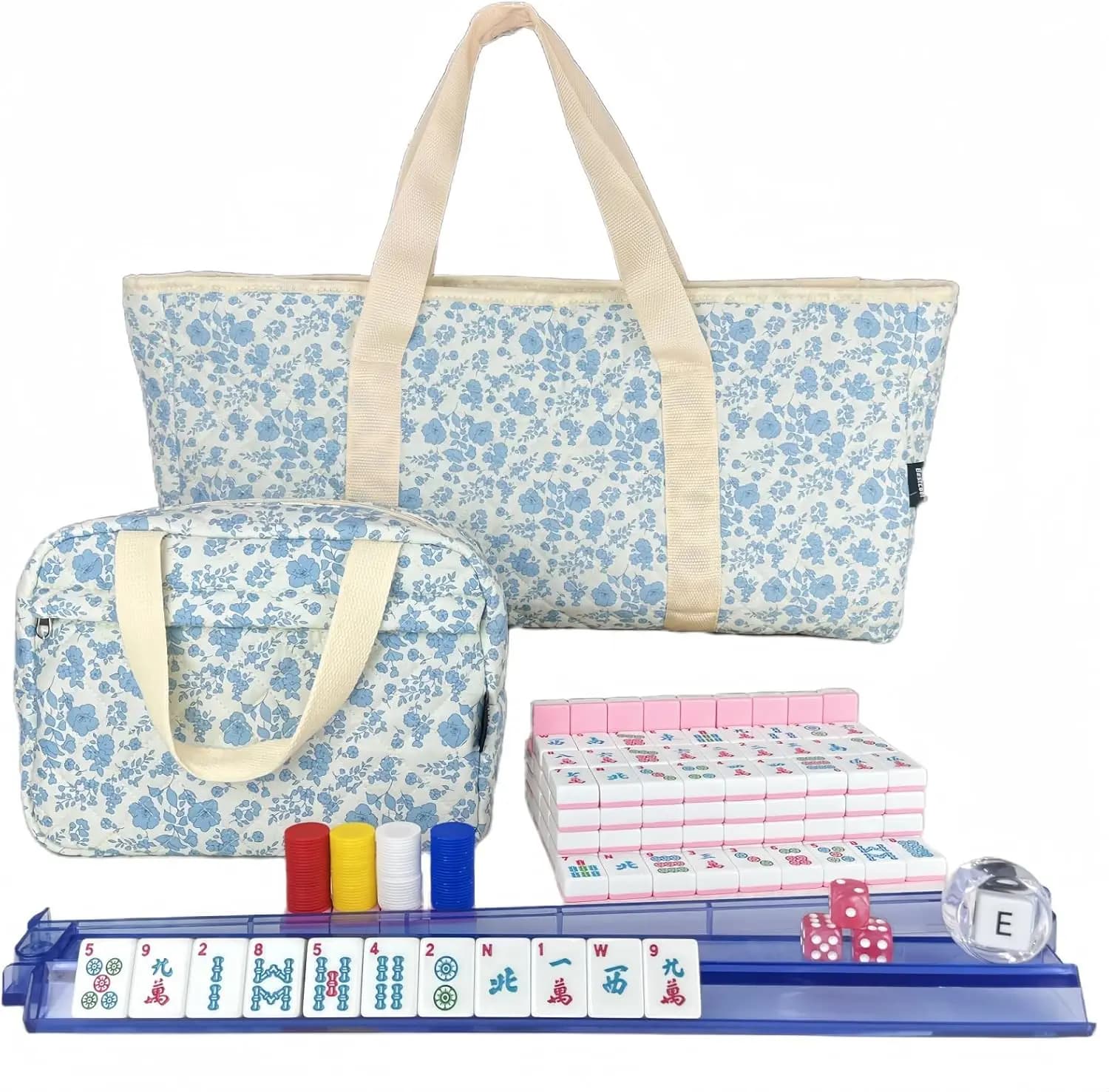 Set Mahjong Americano, 166 Tessere Rosa, Borsa Trapuntata Floreale, 4 Supporti e Spingitori, Dadi, Fiches per Principianti
