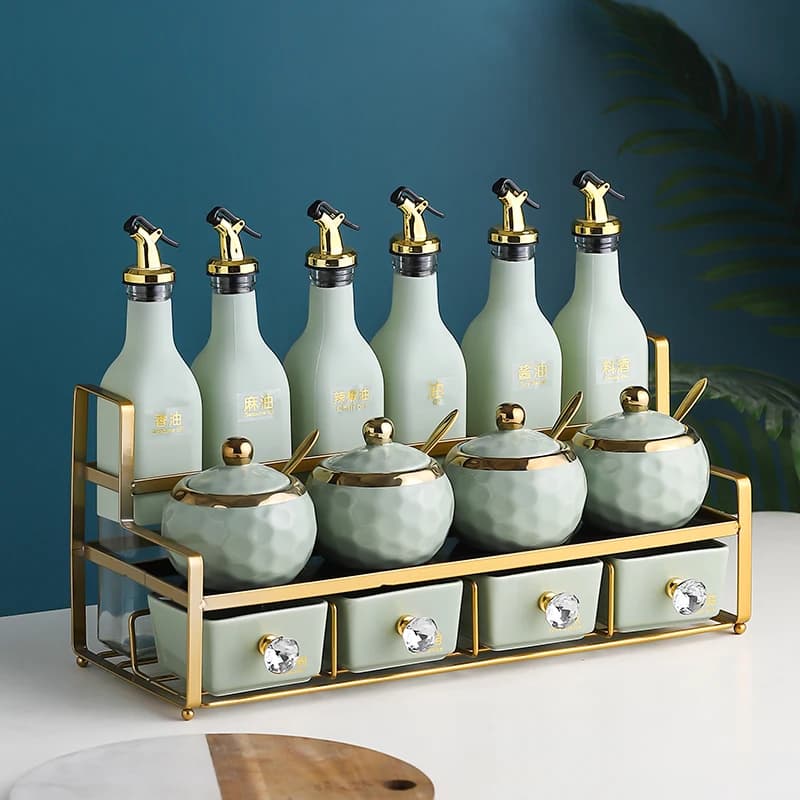 ‌ Set di spezie in vetro premium, organizer ermetico per condimenti, elegante dispenser per olio e aceto, soluzione di stoccaggio per cucina moderna