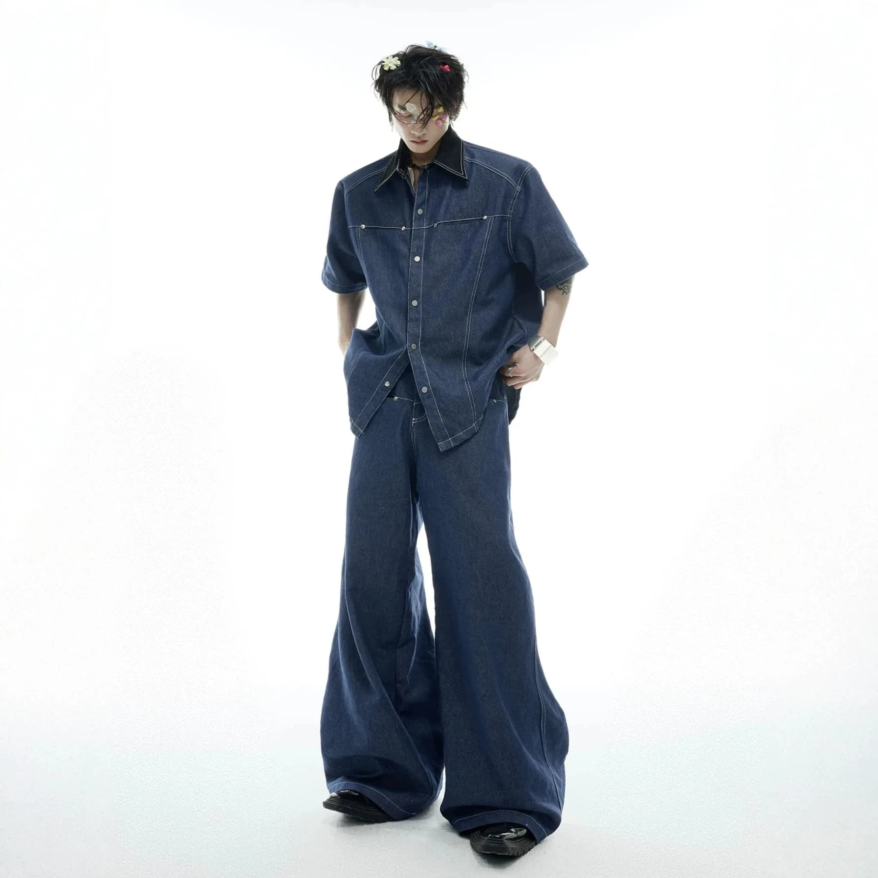Summer Men's Denim Matching Set American Fashion High Street PU Lapel Splicing Short Sleeved Shirt Wide Leg Jeans Two-piece Sets