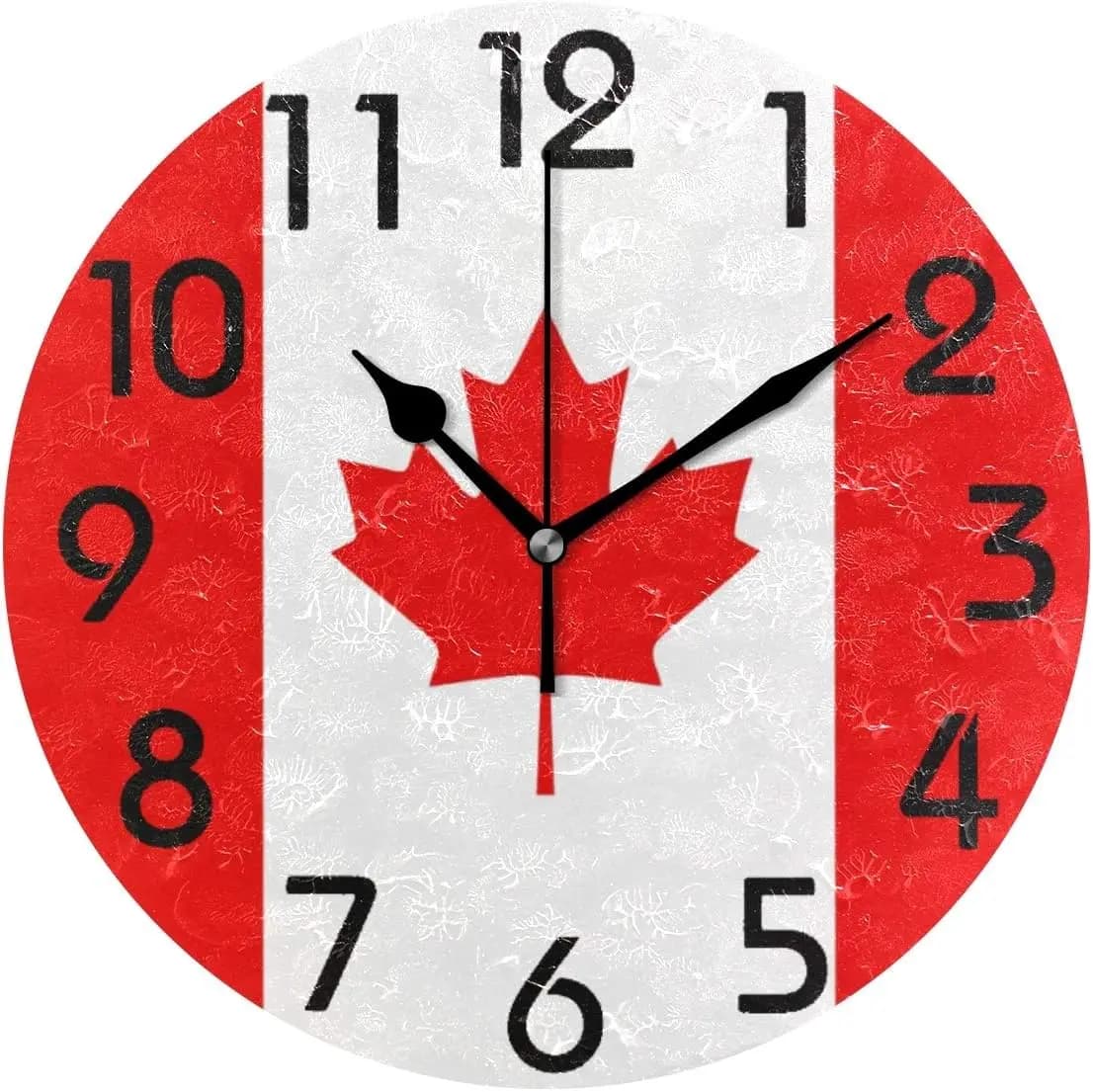 Elegant round wall clock with Canadian flag print, 9.5 inch battery quartz analog silent table clock for home, office, S