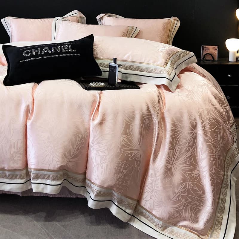 Set of jacquard bed linen pink cover embroidered in luxury satin cotton Sheets with corners Faithful household textiles
