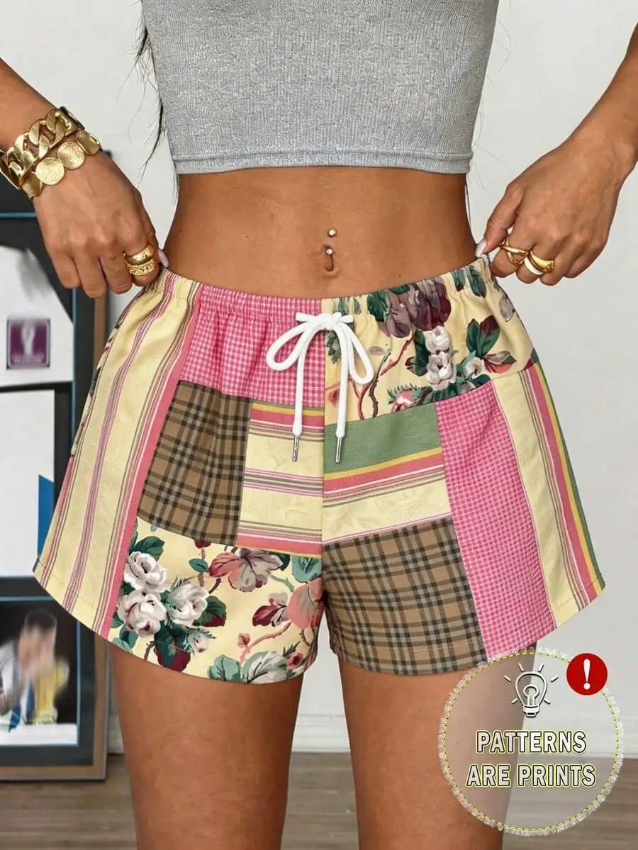 Womens Casual Printed Shorts Soft Knit Fabric Drawstring Waist Pockets Stretch