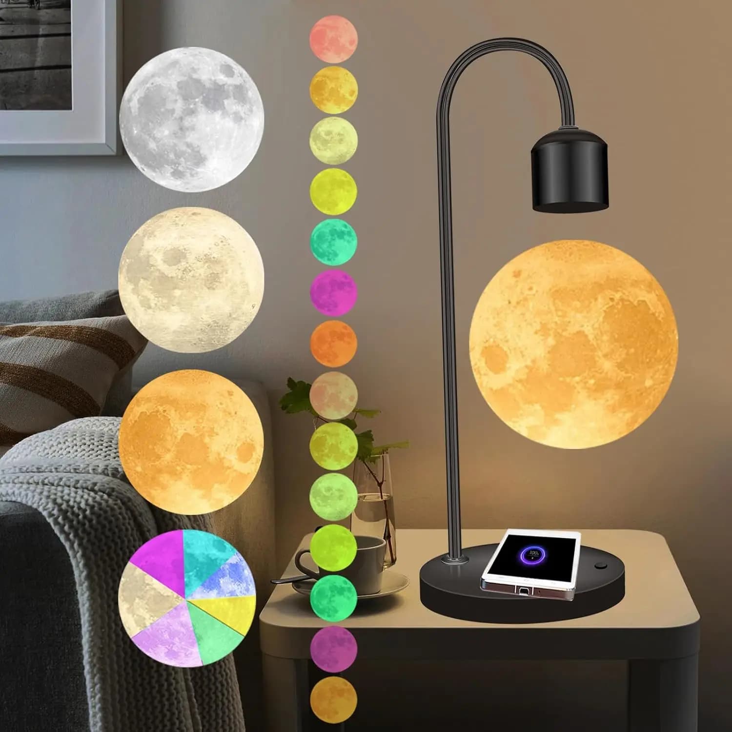 Lampada Lunare a Levitazione Magnetica 15W con Caricatore Rapido per Telefono, 3 Colori Intercambiabili, 300 Milioni di Colori Graduali, Sfera Lunare 3D