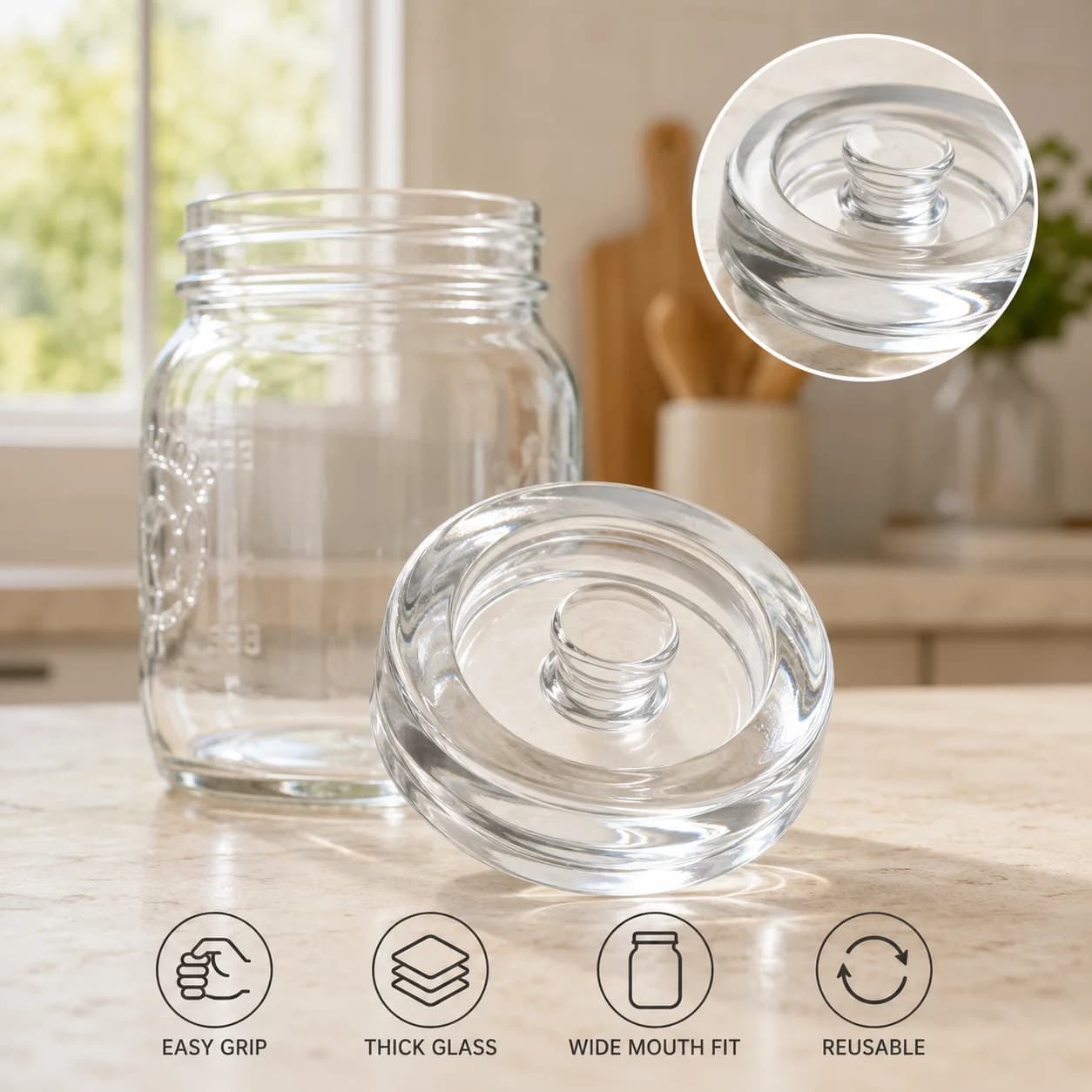 Heavy Glass Mason Jar Weights with Handle for Fermenting - Clear Sealed Lid Storage Container for Pickle Kimchi Kitchen