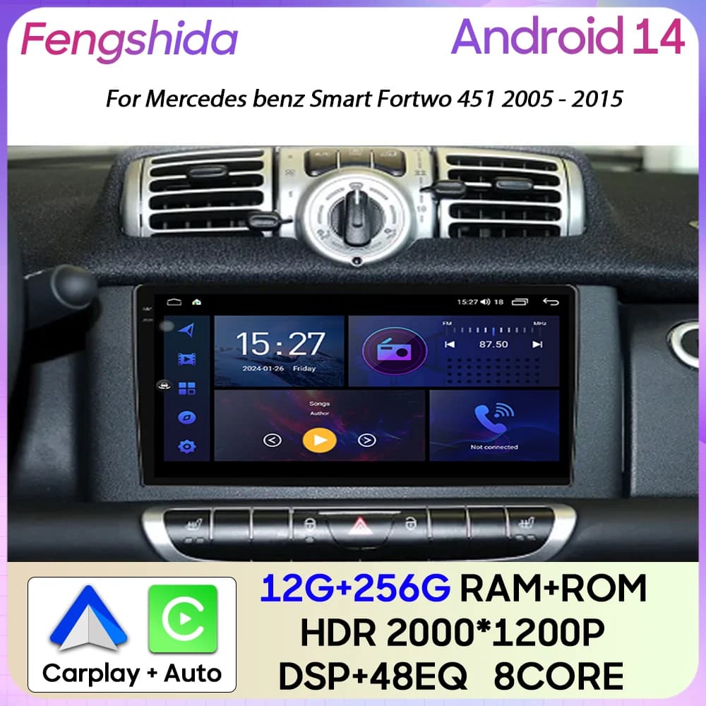 For Mercedes benz Smart Fortwo 451 2005 - 2015 Carplay Multimedia player Screen GPS navigation Android Auto Wifi Stereo No 2din
