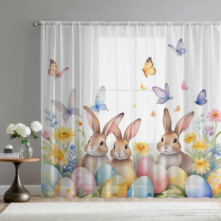 2PCS Digital Print Sheer Curtains, Easter Egg Butterfly Bunny, Spring Holiday Cute Style for Bedroom Living Room Home Decor