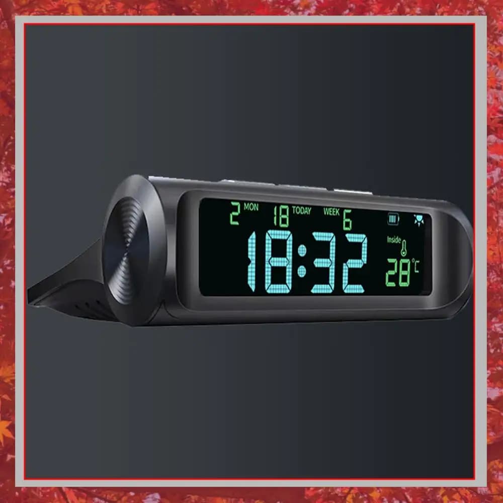 Orologio Digitale Solare per Auto con Termometro, Accensione/Spegnimento Automatico, Data, Settimana, Monitoraggio Temperatura per Cruscotto Veicolo, Lunga Autonomia