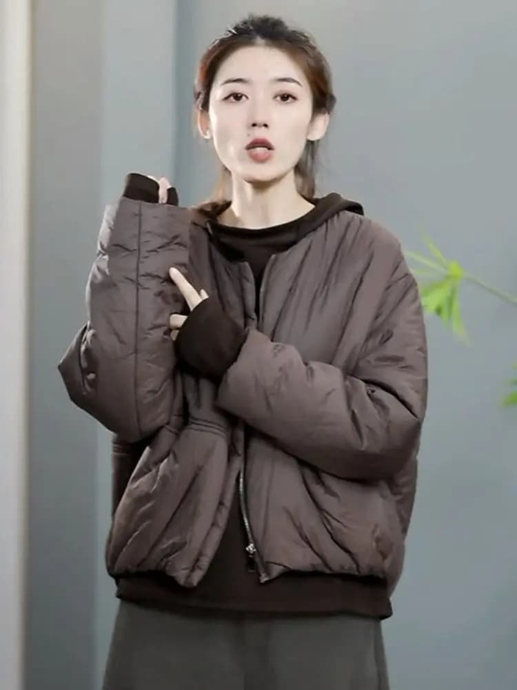 Women's Casual round Neck down Cotton Jacket Pumpkin Style Winter New Loose Fit Pure Color Small Cotton Coat Thickened Long S...