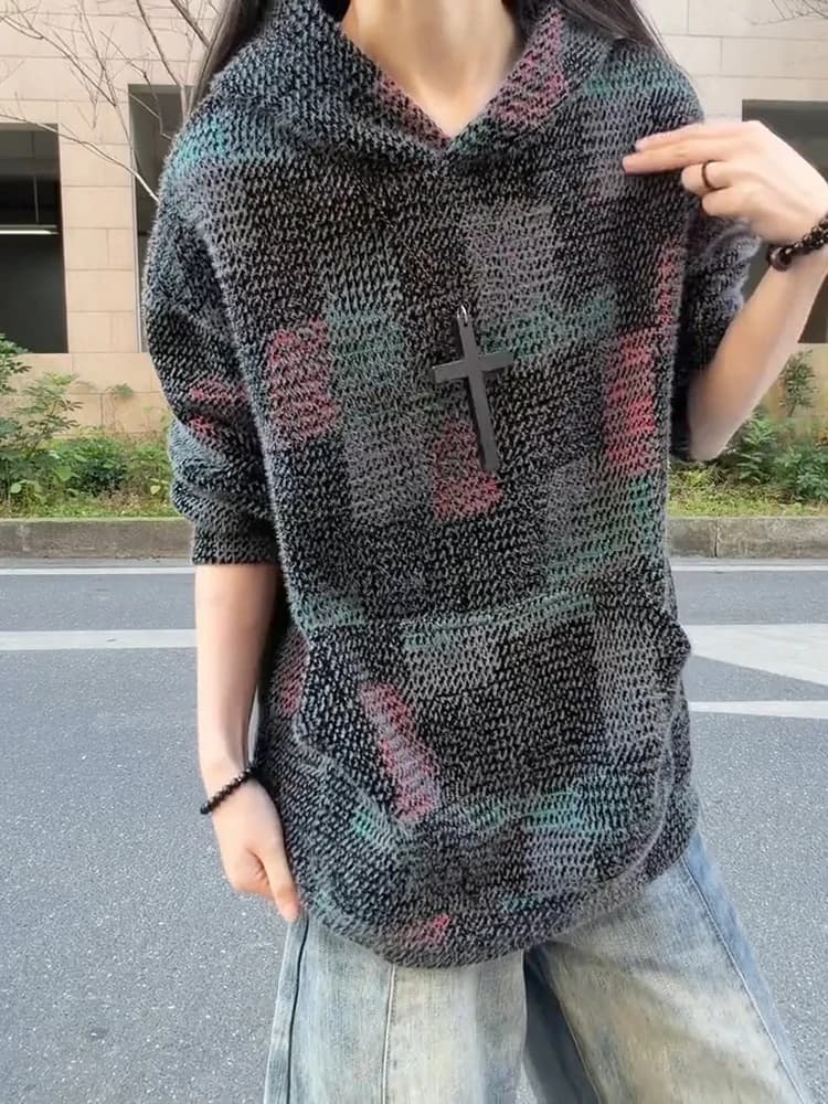 Thickened Fleece Hoodie Men's Autumn Winter Lazy Small Fragrance Style Layering Inner Knitted Jacket Plaid Design