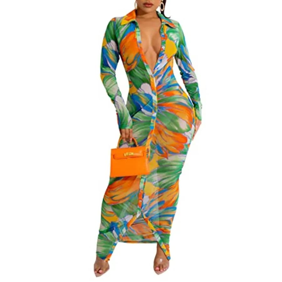Women's Sheer Mesh Long Sleeve Bodycon Midi Dress Club Night Out Dresses Beach Cover Up Dress