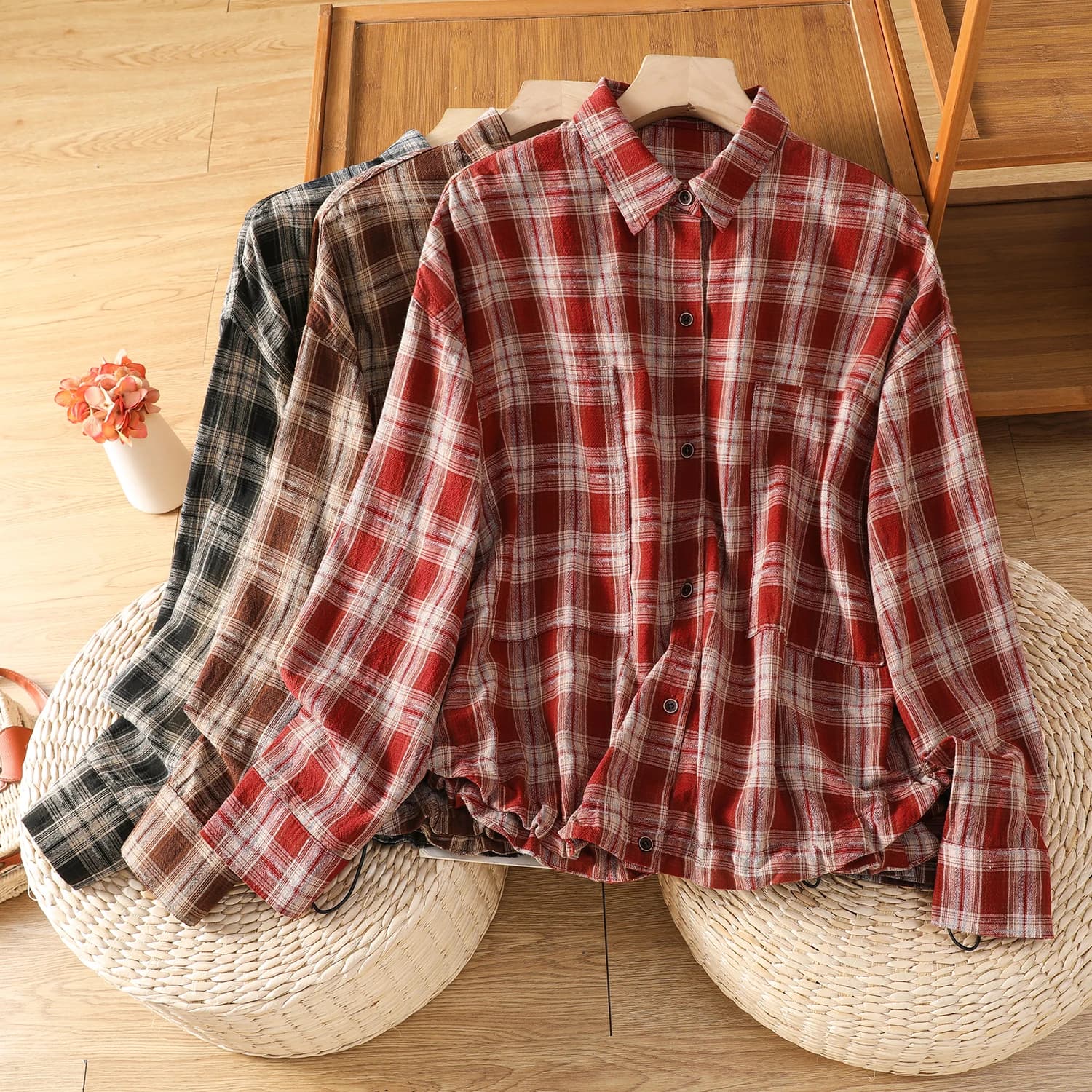 Artistic Large Size Cotton Plaid Shirt Long Sleeve Turn-down Collar Spring Summer Outerwear Cardigan Women's Moisture Wicking