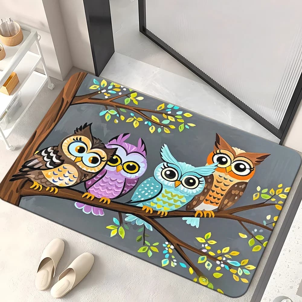 Welcome pad with colored owl print, non-slip, absorbent, washable in washing machine, per bedroom, living room, entrance, yoga mat