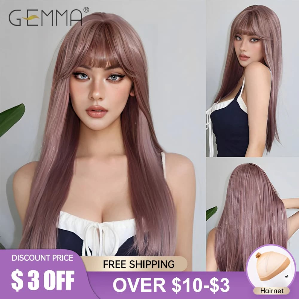 GEMMA parrucca lunga viola chiaro parrucca sintetica Lolita Cosplay con frangia per le donne resistente al calore Party capelli naturali quotidiani