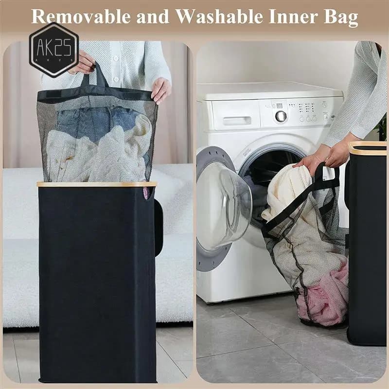 AK25-1 PCS 110L Foldable Linen Basket Organizer basket with handle and cover with removable inner bag for toys clothes Black