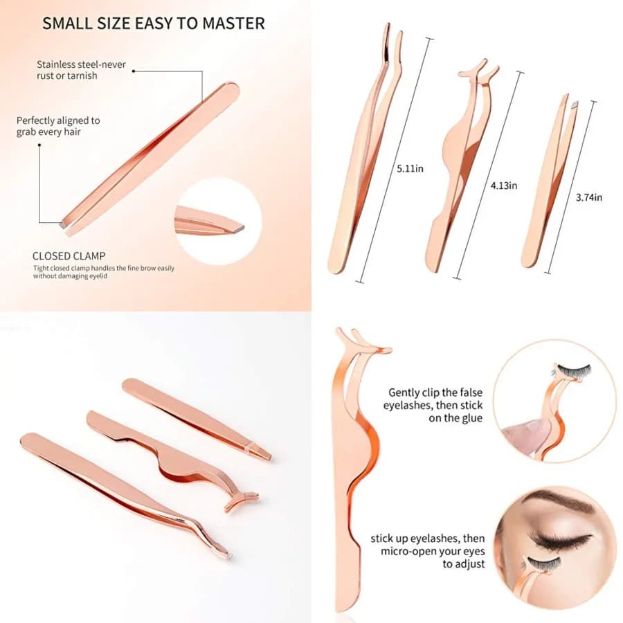 3Pcs Eyelashes Tool Fake Lash Applicator Lash Tools Fake Eyelashes Scissors Rose Golden
