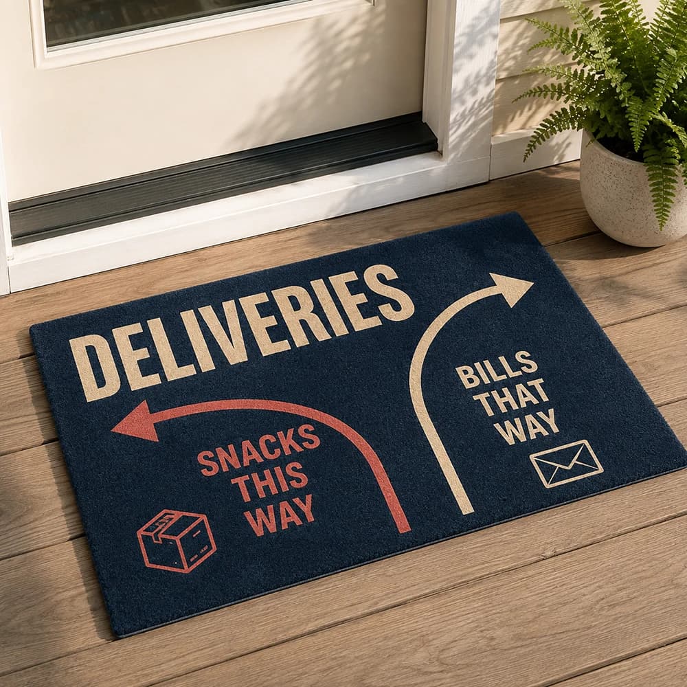 Funny Welcome Mat Front Door Porch Entryway Carpet Housewarming Gift Deliveries Snacks This Way Bills That Way Custom Text Rug