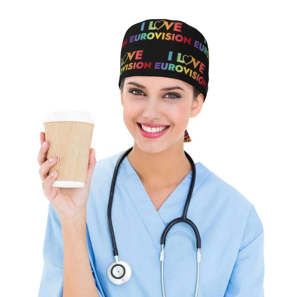 I Love Eurovision - Rainbow Pattern Scrub Hat Doctor Working Surgical Cap Unisex Adjustable Nursing Caps for Dentist