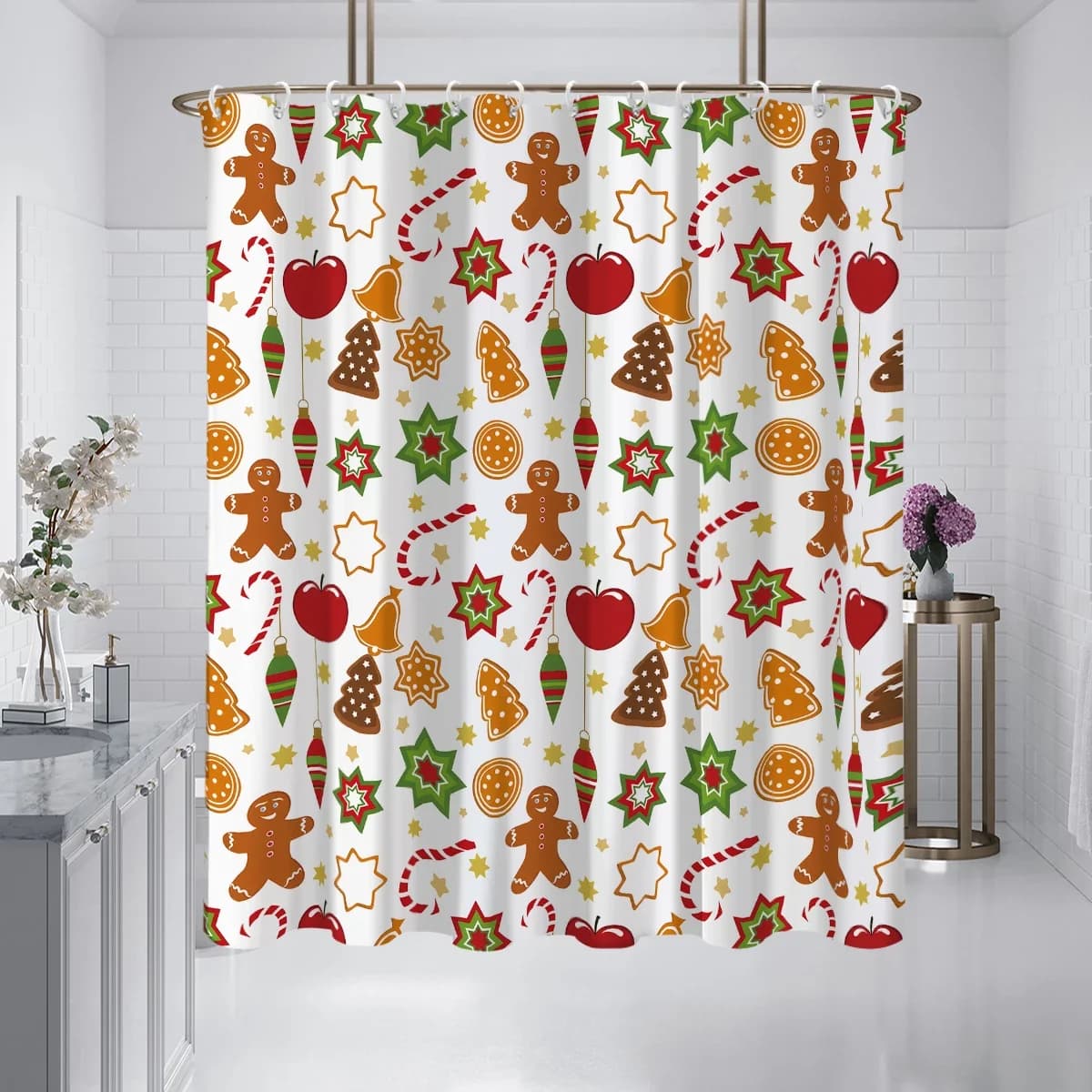 1 pezzo di tenda da doccia con motivo natalizio a forma di omino di pan di zenzero, 180x180 cm, impermeabile e antimuffa