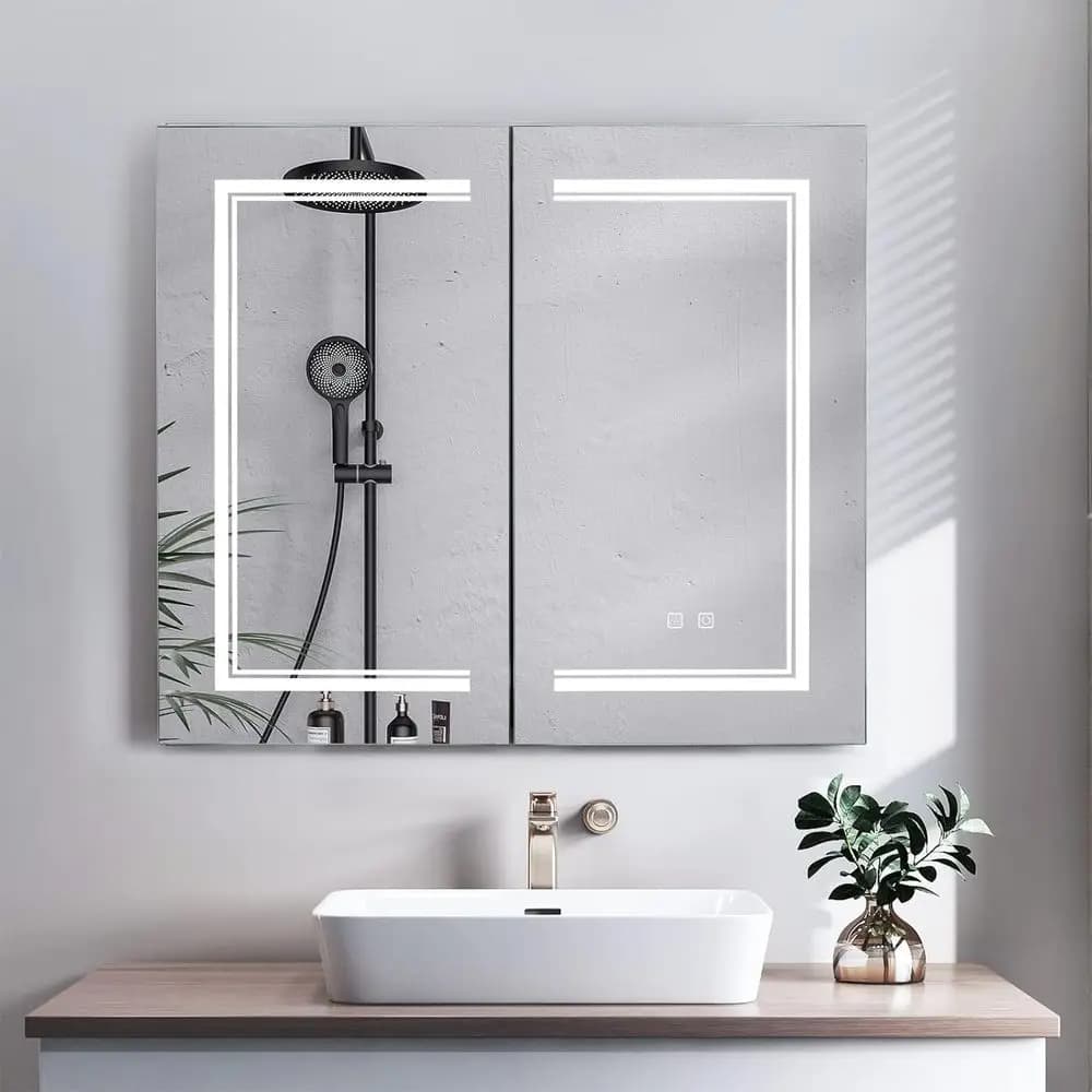 Mobiletto da bagno a parete a 2 ante 32x28 con illuminazione a LED, 3 ripiani, ricarica USB, bianco