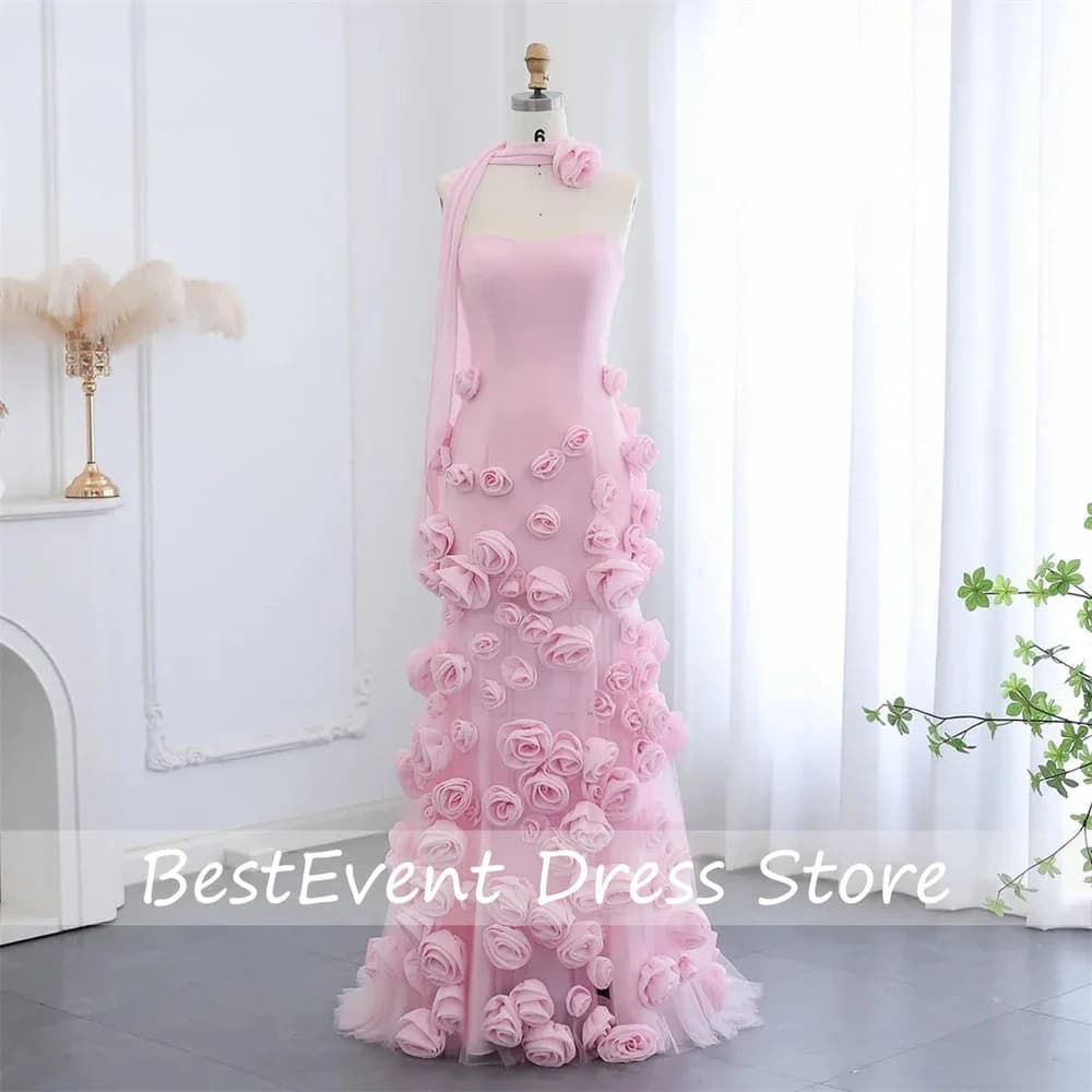 Abito da ballo rosa elegante con scollo a cuore, abito formale con pieghe, senza maniche, applicazioni e sciarpa, personalizzabile