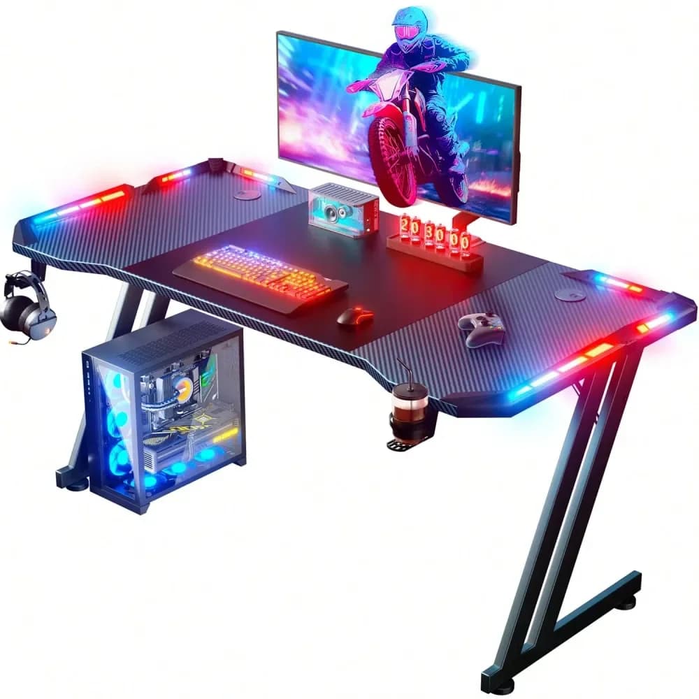 Scrivania da Gaming con Luci LED, Superficie in Fibra di Carbonio, Grande Tavolo per Computer, Scrivania Ergonomica per Casa e Ufficio, Scrivania a Z per PC Gamer