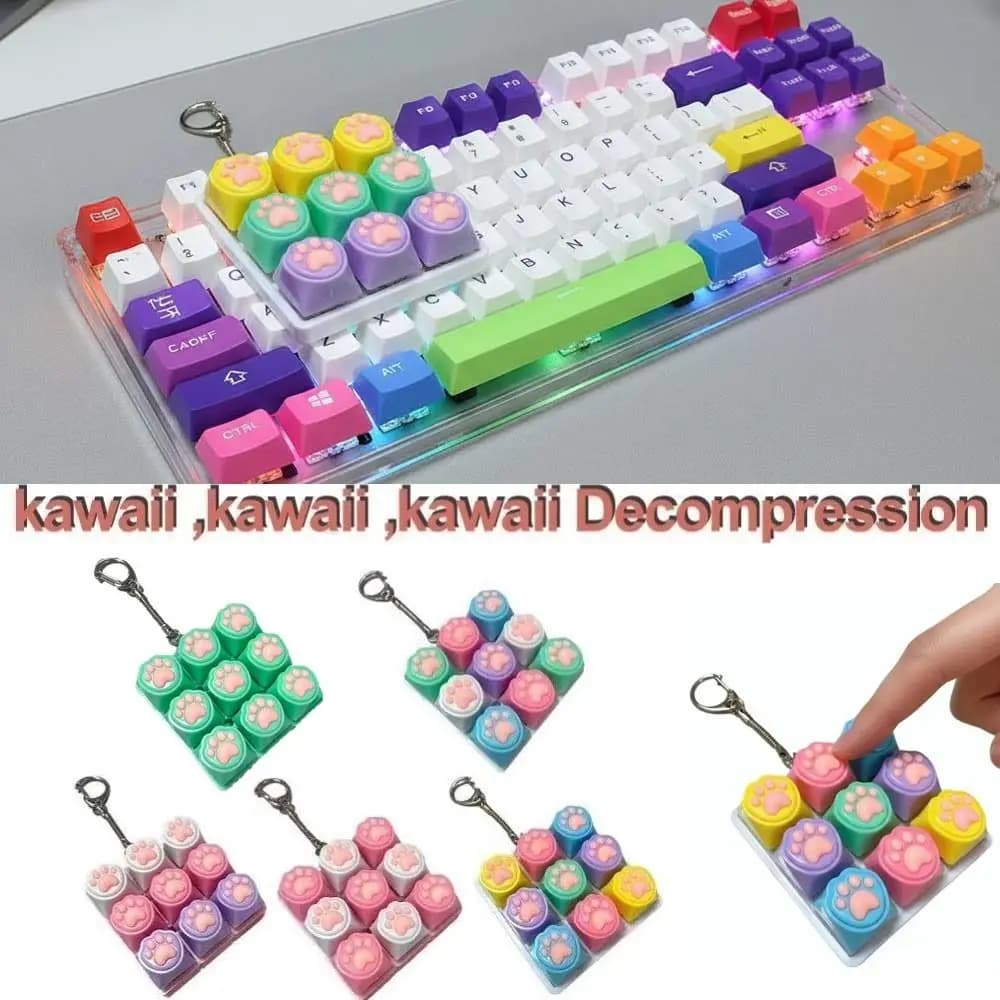 Funny Cat Paw Keychain 9 Keyboard Mechanical Keycaps Decompression Keyring Creative Finger Button Stress Relief Pendant