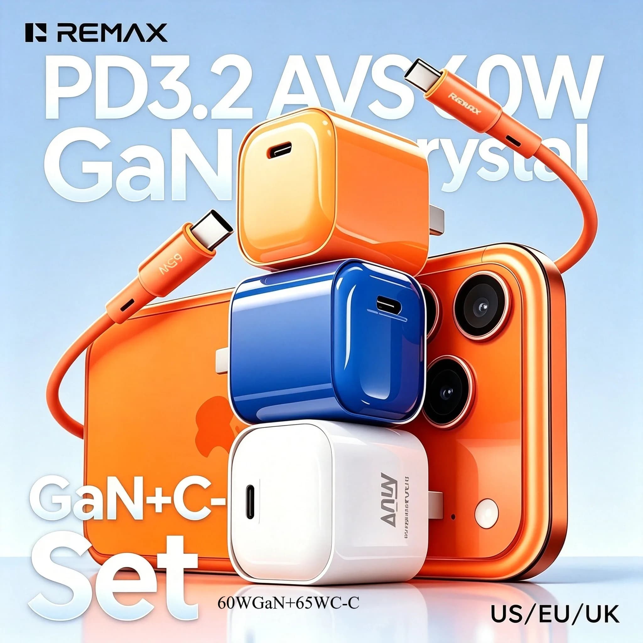 REMAX PD3.2 AVS 60W GaN USB C Charger Foldable Travel Wall Adapter PD Fast Charging with Cable for Laptop Phone Tablet US EU UK