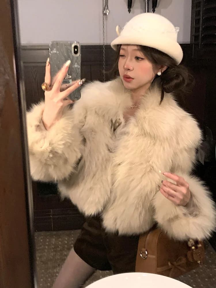 Korean Style Short Thickened Fur Coat Women's Short Plush Jacket Korean Version Lazy Style Button up Casual Outerwear