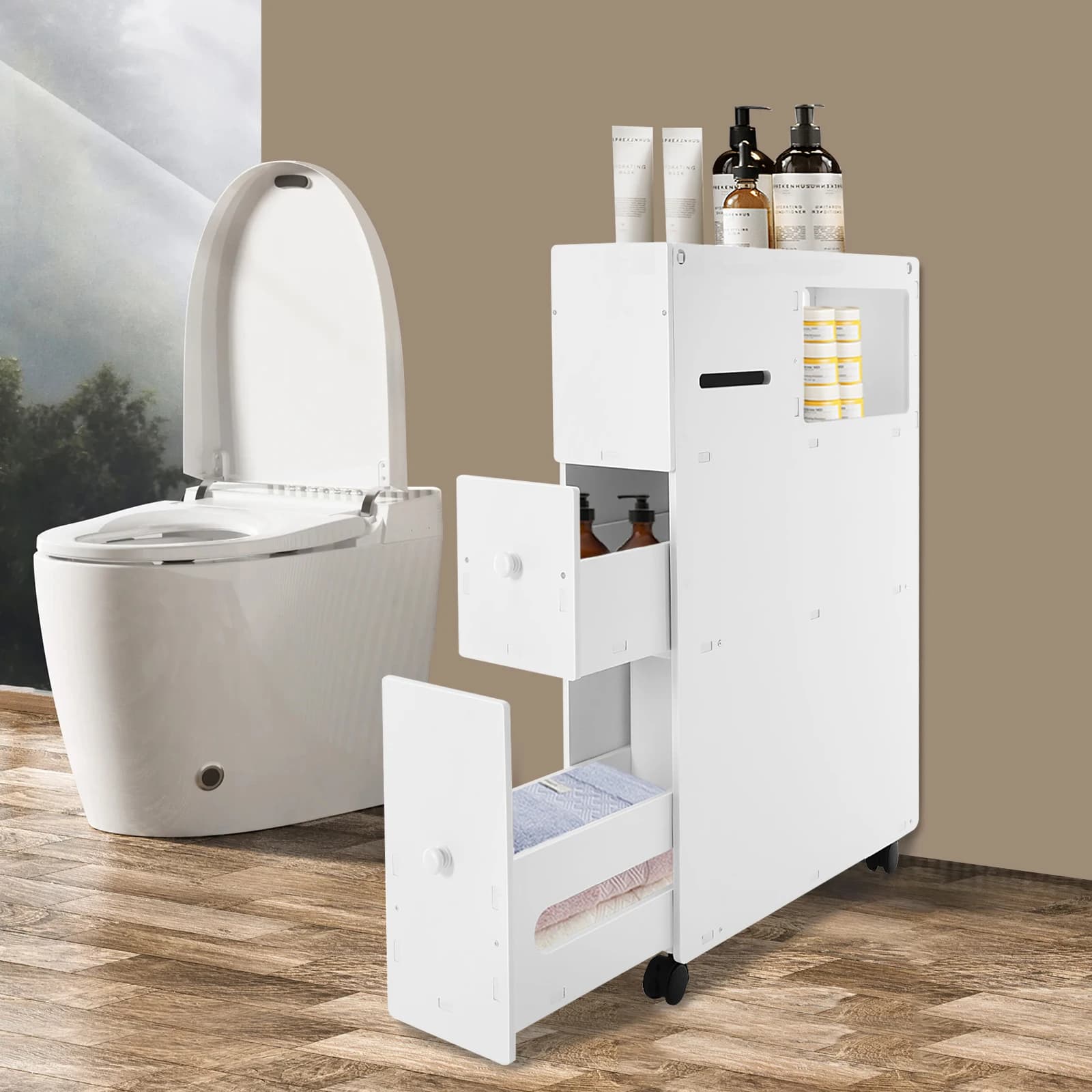 Armadietto portaoggetti da pavimento stretto, supporto porta carta igienica con cassetti e ruote, bagno da terra da 6,3 pollici per piccoli spazi