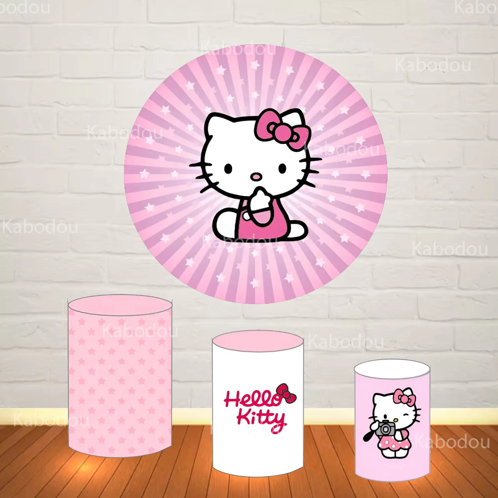 Hello Cartoon Cat Kittys Round Backdrop Baby Birthday Party Baby Shower Photography Background Decor Cylinder Cover Photo Booth