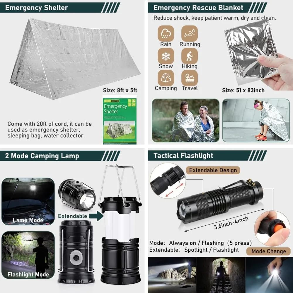 Kit di Sopravvivenza 262 Pezzi, Attrezzatura d'Emergenza con Pronto Soccorso, Tenda, Ascia, Martello, Pala, Borsa per Uomo e Donna