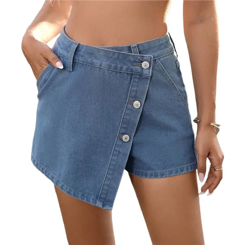 CYL-Women Casual High Waisted Solid Button Up Asymmetrical Denim Jean Skort Skirt Mini Shorts