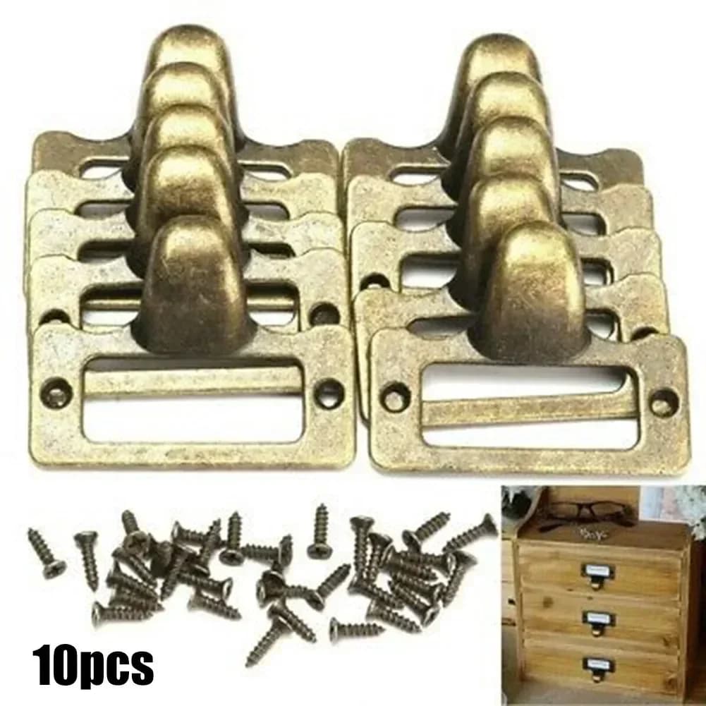 10 PCS Cabinet Drawer Label Pulls Antique Style Brass Tag File Name Card Holder Frame For Jewelry Box Gift Box Cupboard Pulls