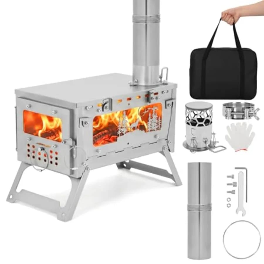 Stufa a legna ultraleggera da campeggio per backpacking, cucina invernale, riscaldamento, pesca sul ghiaccio; acciaio inossidabile; nero; pieghevole da 4,4 libbre.