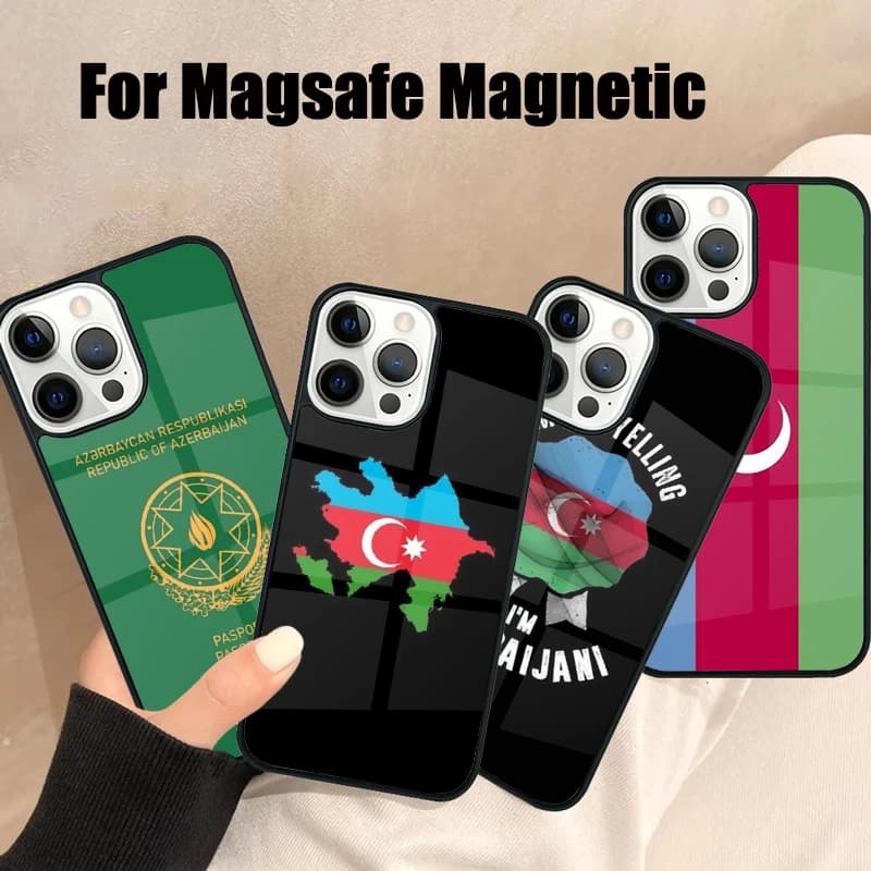 Cover per iPhone con Bandiera e Stemma dell'Azerbaigian per iPhone 17 Air 15 16e 14 13 12 11 Pro Max Plus, Cover Magnetica Wireless Magsafe a Specchio