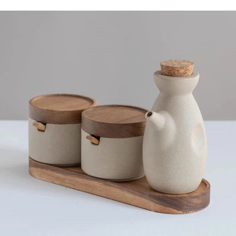 Barattolo di spezie da cucina giapponese combinato sale e pepe shaker set di pentole per olio condimento in ceramica tinta unita per la casa