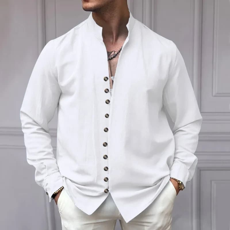 Camicia da uomo Casual Versione ampia Moda Comodo colletto in piedi Top a maniche lunghe Classico abbottonato Streetwear Lino