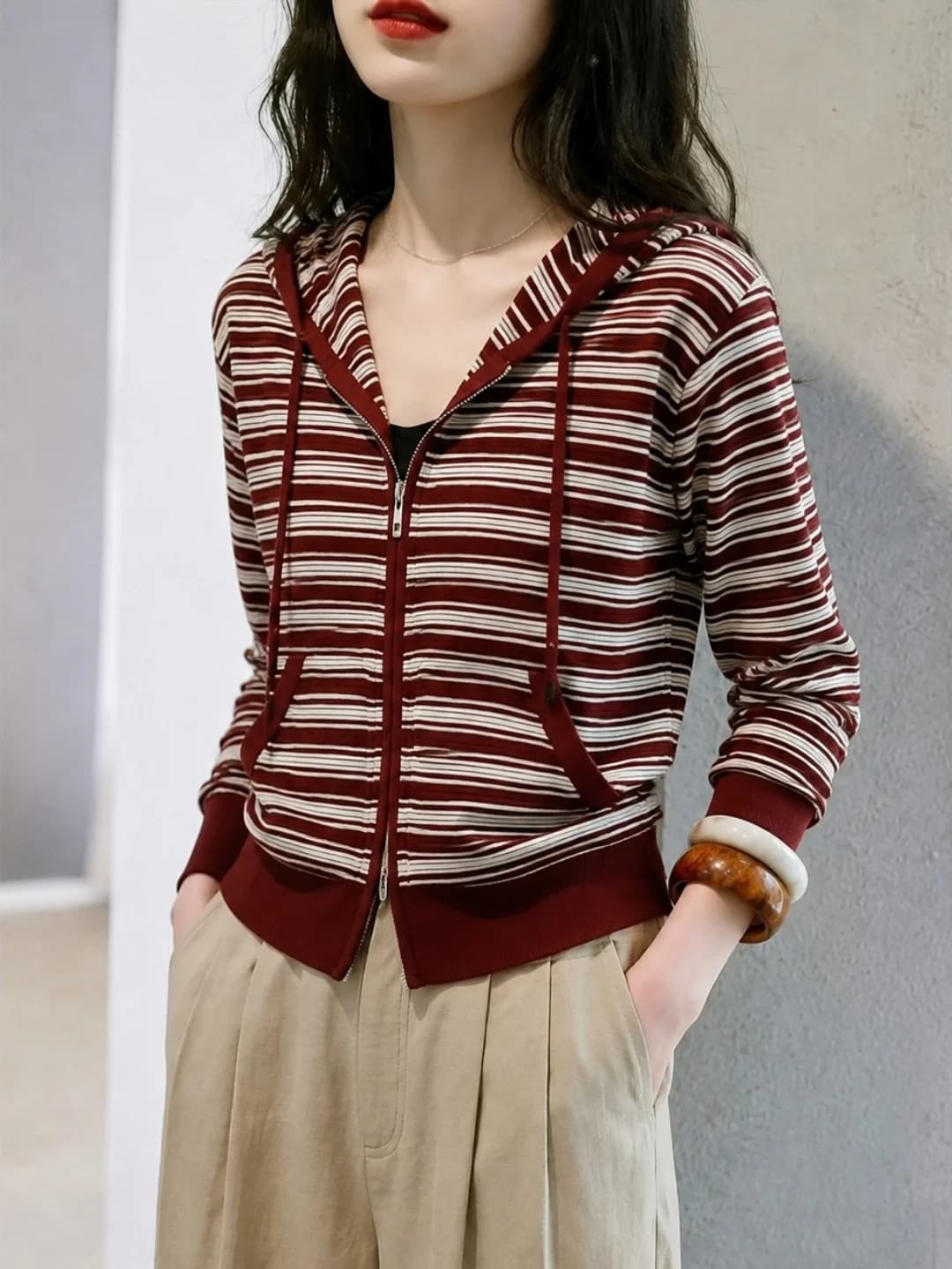 Trendy Korean Style Zipper Hoodie Knitted Top Color Block Striped Design Women's Long Sleeve Soft Cotton Cardigan for Autumn