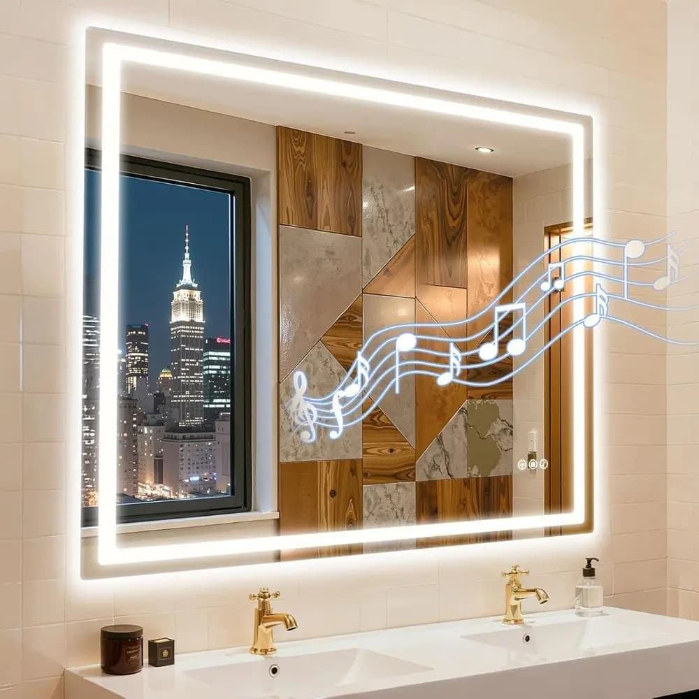 Specchio LED da Parete con Altoparlanti Bluetooth, Antiappannamento, Illuminazione Regolabile, Vetro Temperato, 3 Opzioni di Colore