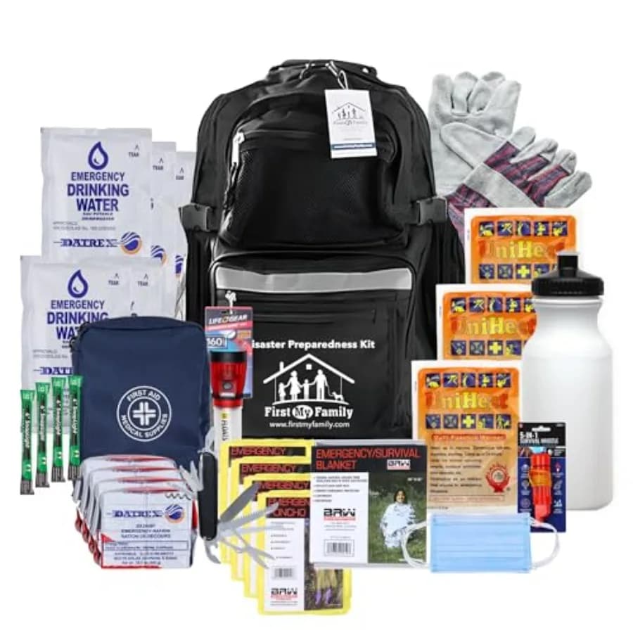 Kit di sopravvivenza d'emergenza per 4 persone in zaino nero per incendi, terremoti, uragani, alluvioni, tsunami e altri disastri - Pre