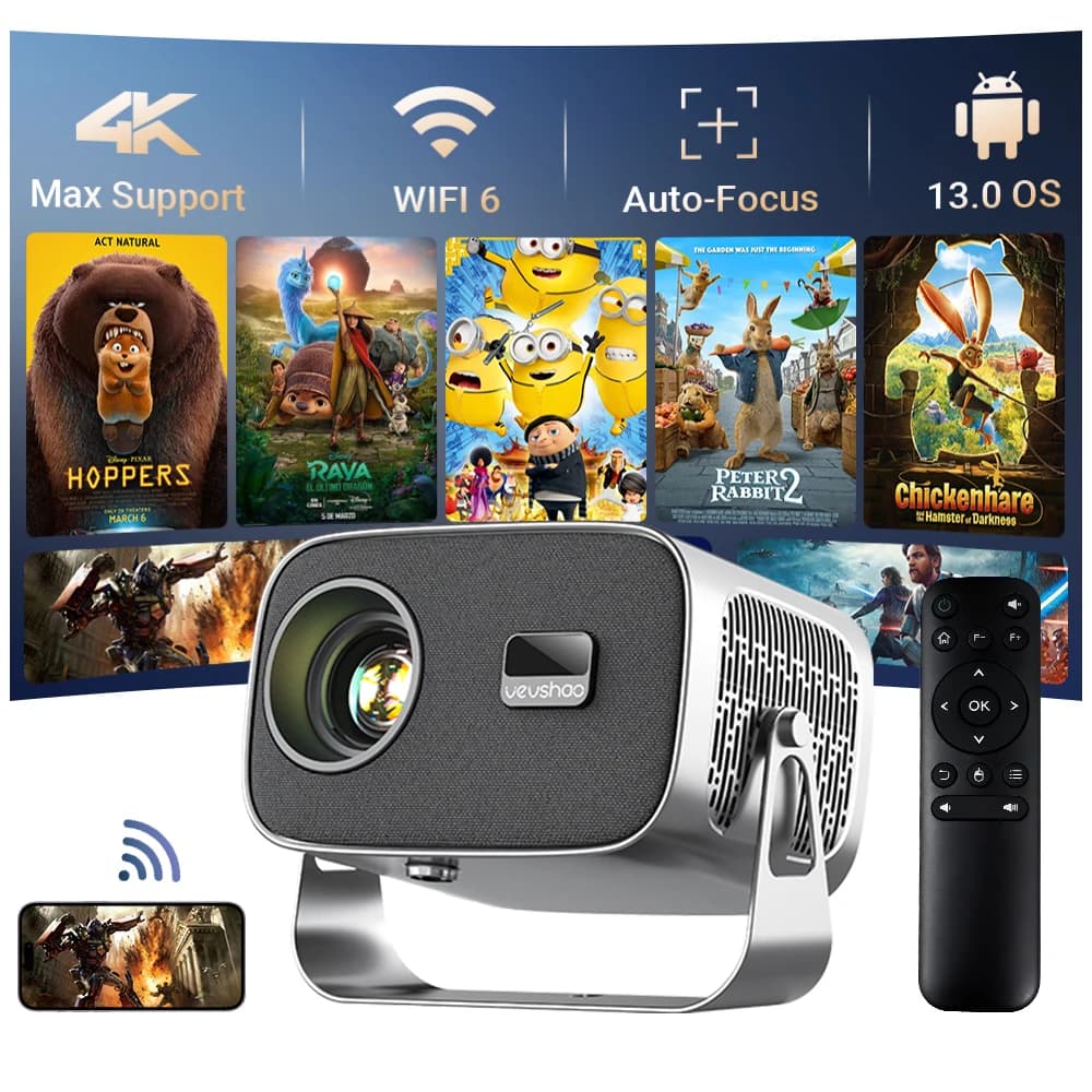 VEVSHAO A12 Proiettore Mini Video LED portatile Android 13.0 WIFI 6 SmartPhone a specchio per 1080P 4K Video Proiettore Home Cinema