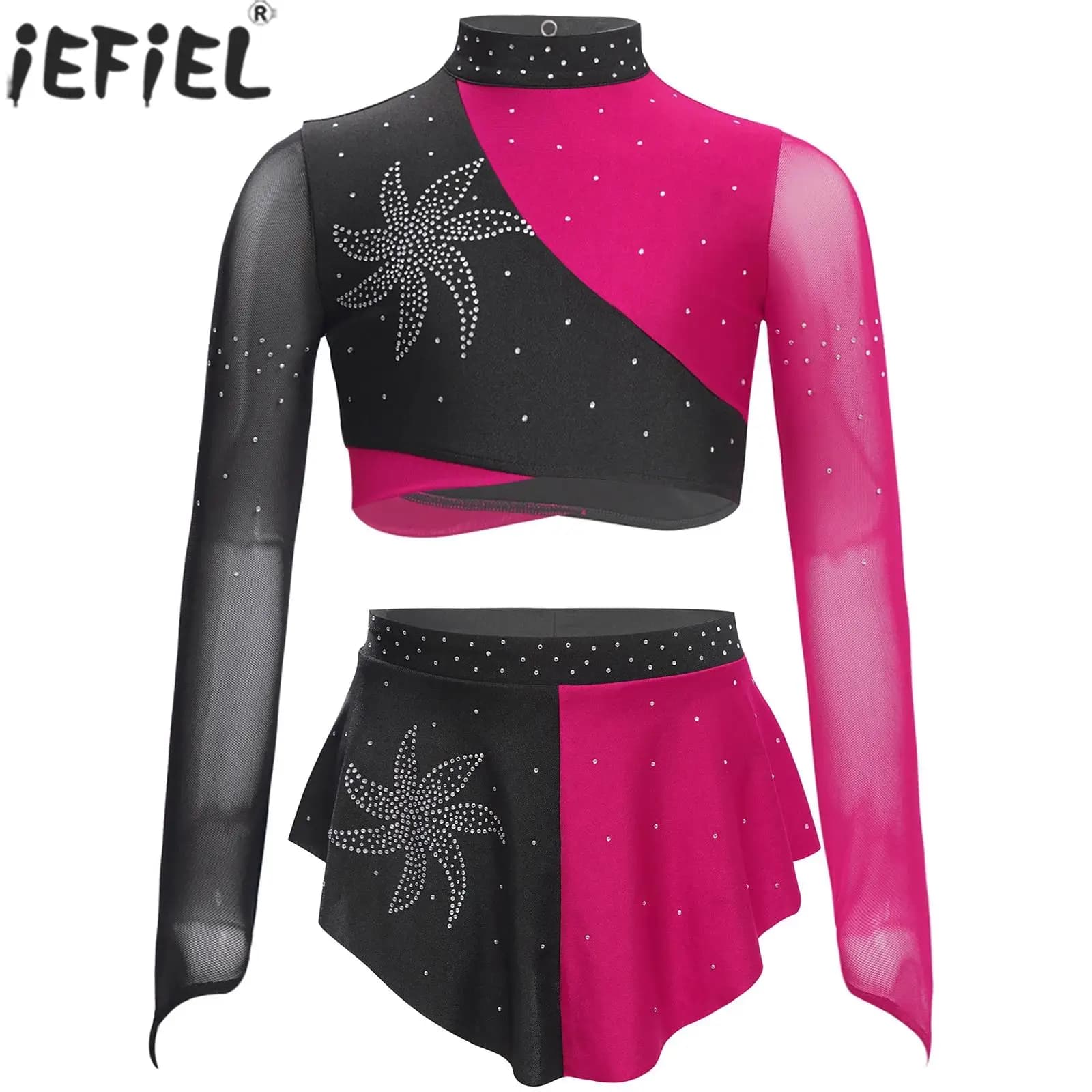 Costume da danza lirica moderna per ragazze con strass lucidi, manica lunga, top corto, gonna body, pattinaggio di figura, costume da spettacolo di balletto