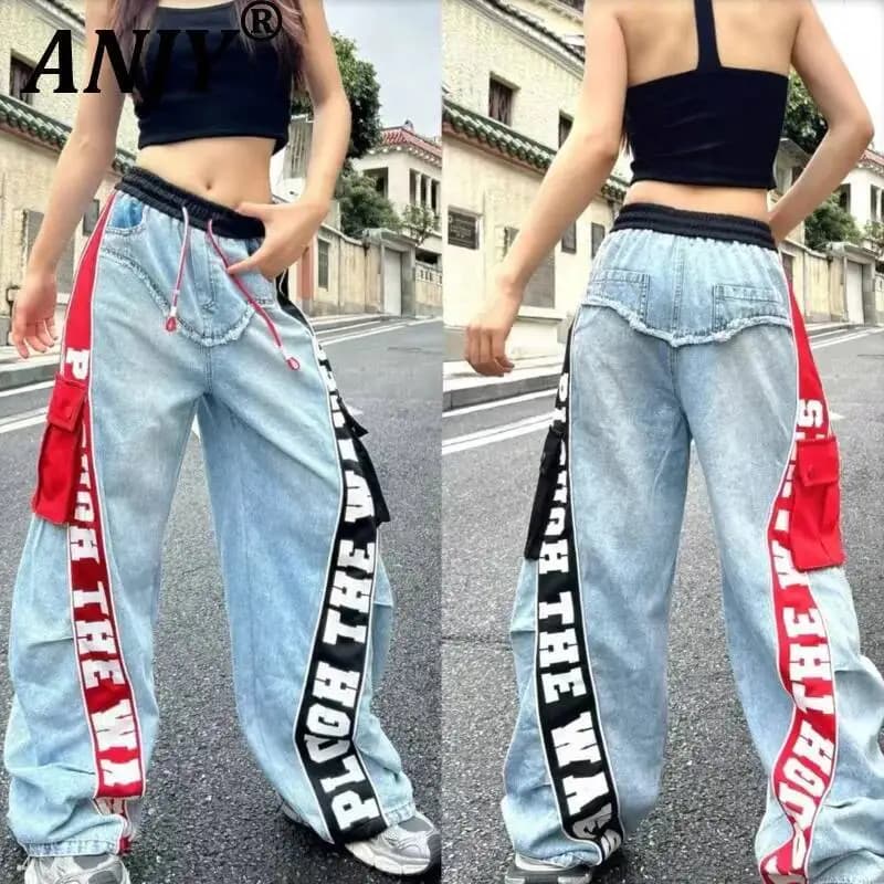 ANJY Autunno Nuove Donne Chic Streetwear Denim Patchwork Lettera Stampata Coulisse Elastico in Vita Pantaloni Alla Moda Jeans Dritti A7709