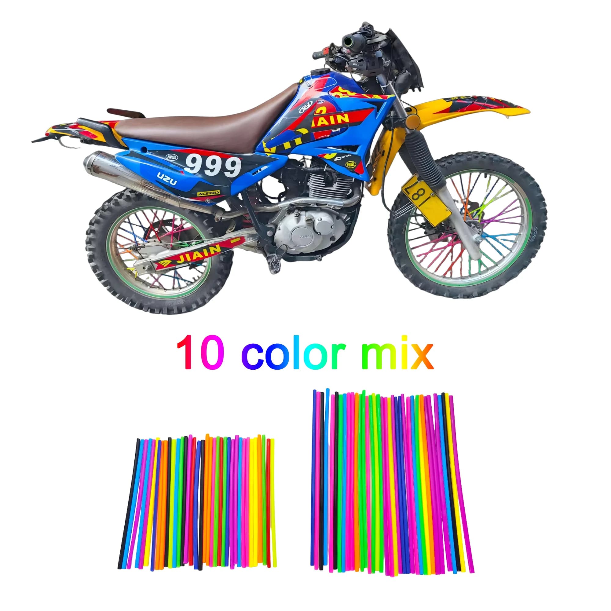 Kit pelli per raggi da 72 pezzi (Dirt Bike/Bicicletta/Scooter) | 10 colori misti | Combinazione 24 cm+17 cm | Accenti universali per ruote fuoristrada