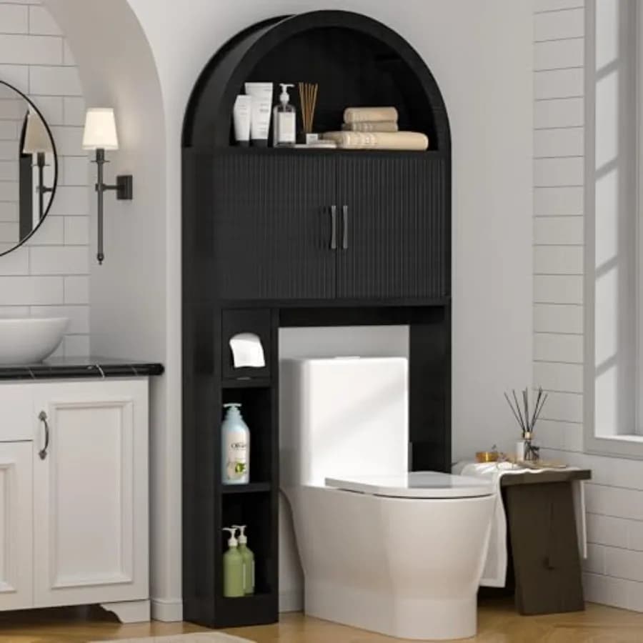 Mobiletto portaoggetti da bagno sopra il WC, scaffale organizer autoportante nero con porta carta igienica