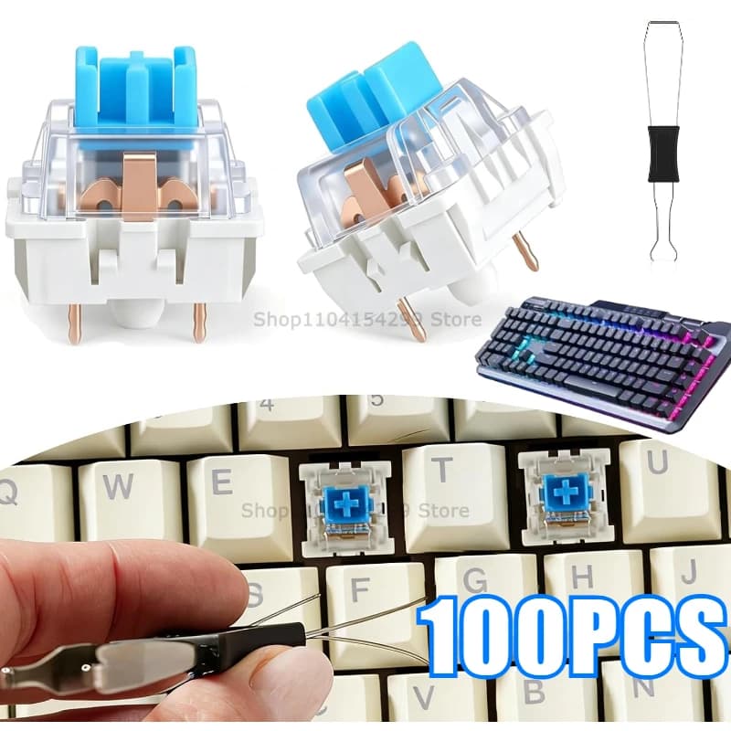 50 Pcs Blue Keyboard Switches, 3-Pin Clicky Tactile Mechanical Keyboard Switches, Complete DIY Replacement Kit with Switch Pulle
