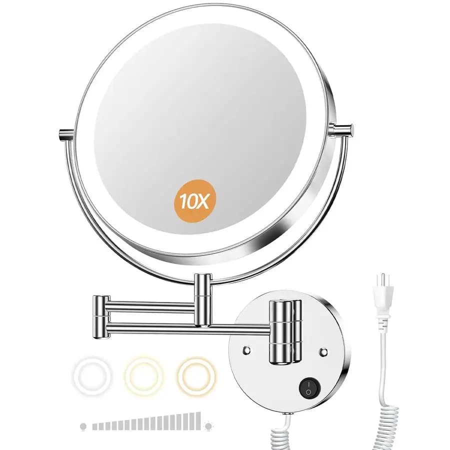 Specchio ingranditore illuminato a parete 9, specchio da bagno a LED bifacciale con ingrandimento 1X 10X, luci a 3 colori con regolazione continua